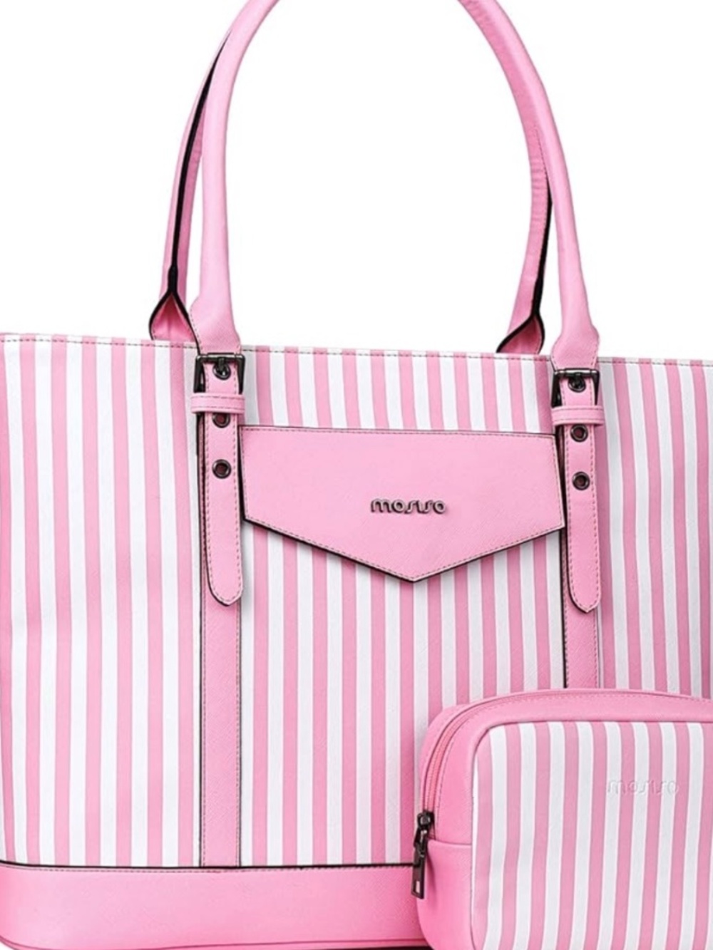 Mosiso Faux Leather 2 Piece Laptop Beach Pink Stripe 17" Crossbody/Tote NWT